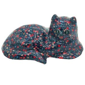 Vtg DECOUPAGE Ceramic Cat Kitten Kitty Floral Fabric Shelf Sitter Paperweight